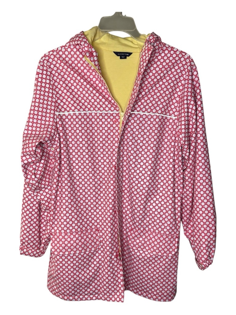 Lands' End Pink Polka Dot Hooded Rain Jacket with Yellow Lining Sz XL 18/20